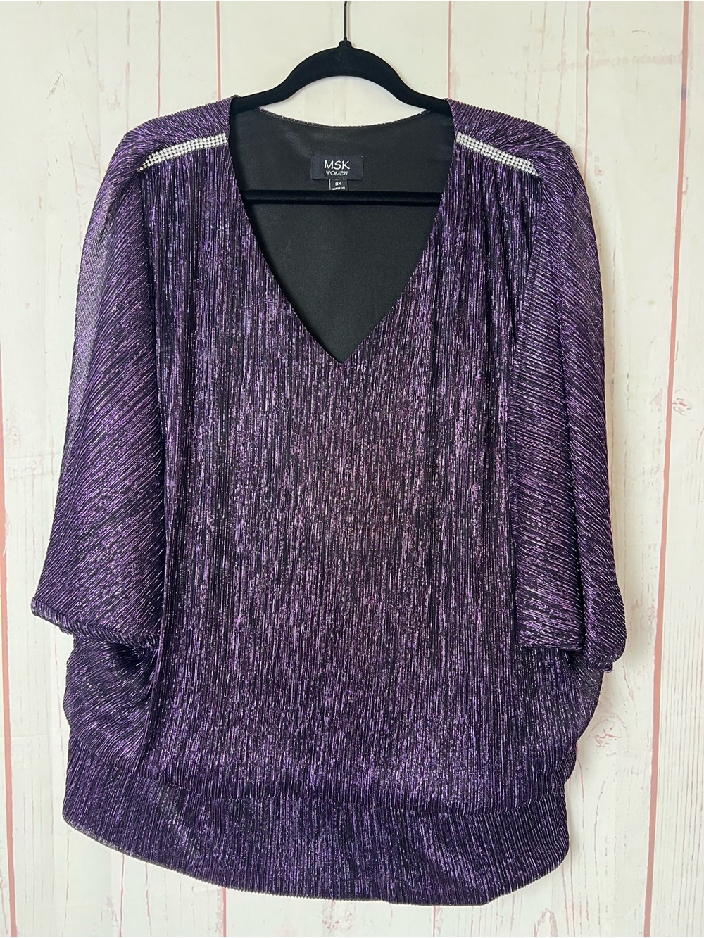 MSK Women Size 3X V Neck Blouse Purple Sparkle Batwing Sleeve Slits Whimsigoth ~